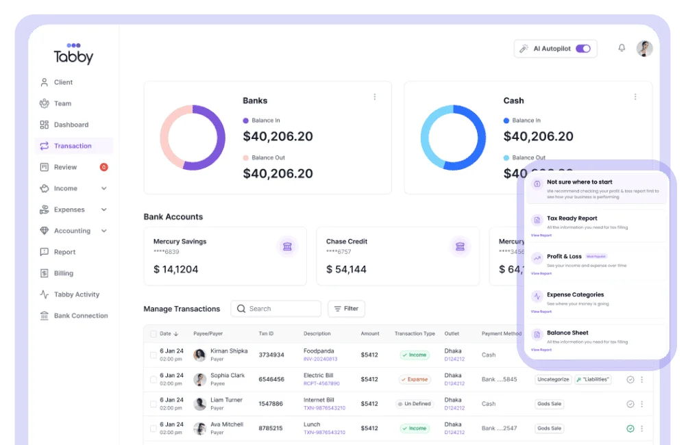 Tabby AI bookkeeping dashboard