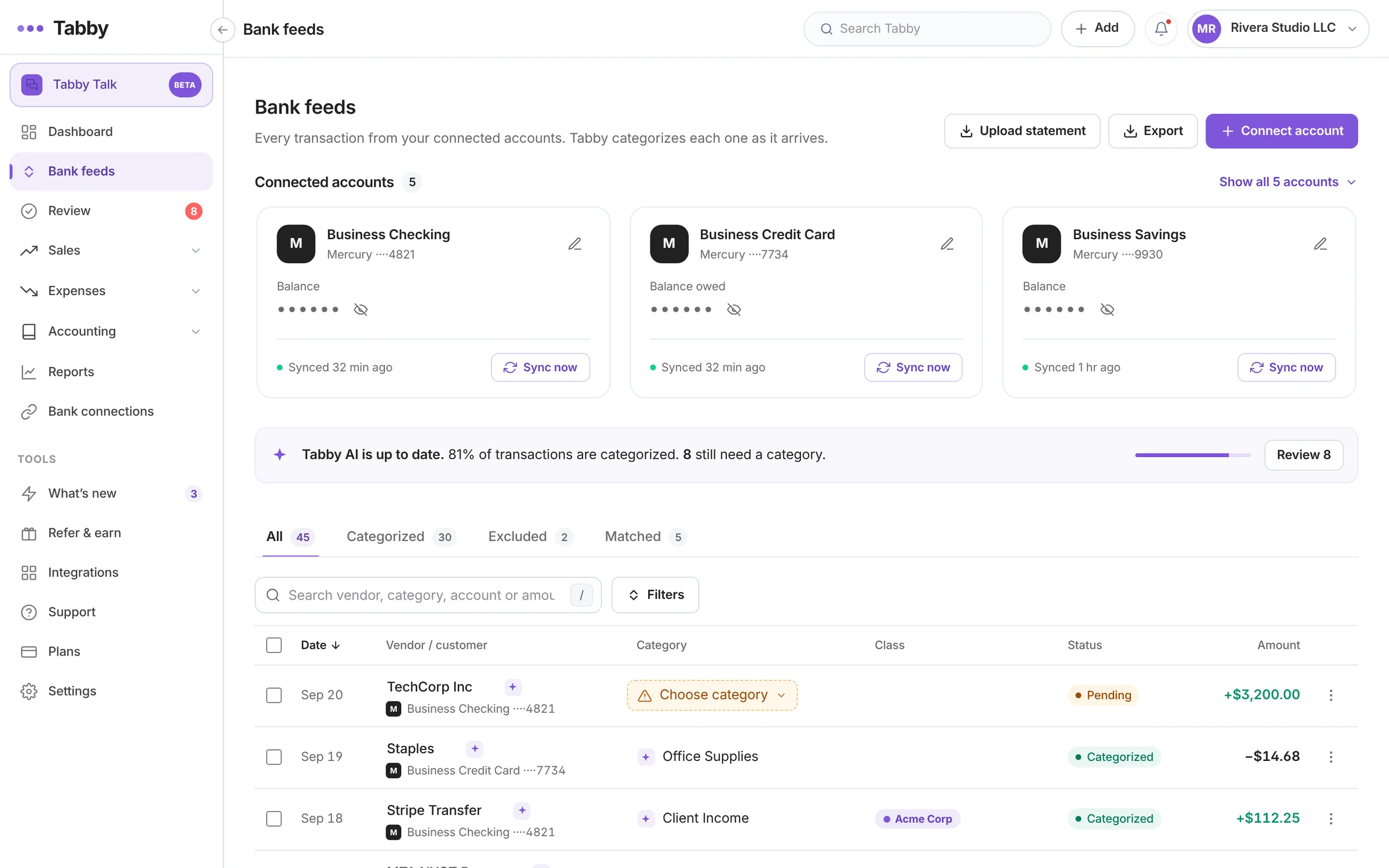 Tabby bank feeds with connected accounts and categorized transactions