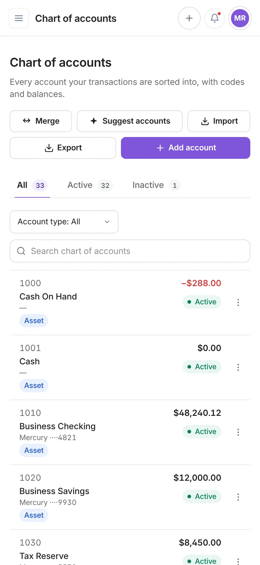 tabby chart of accounts mobile