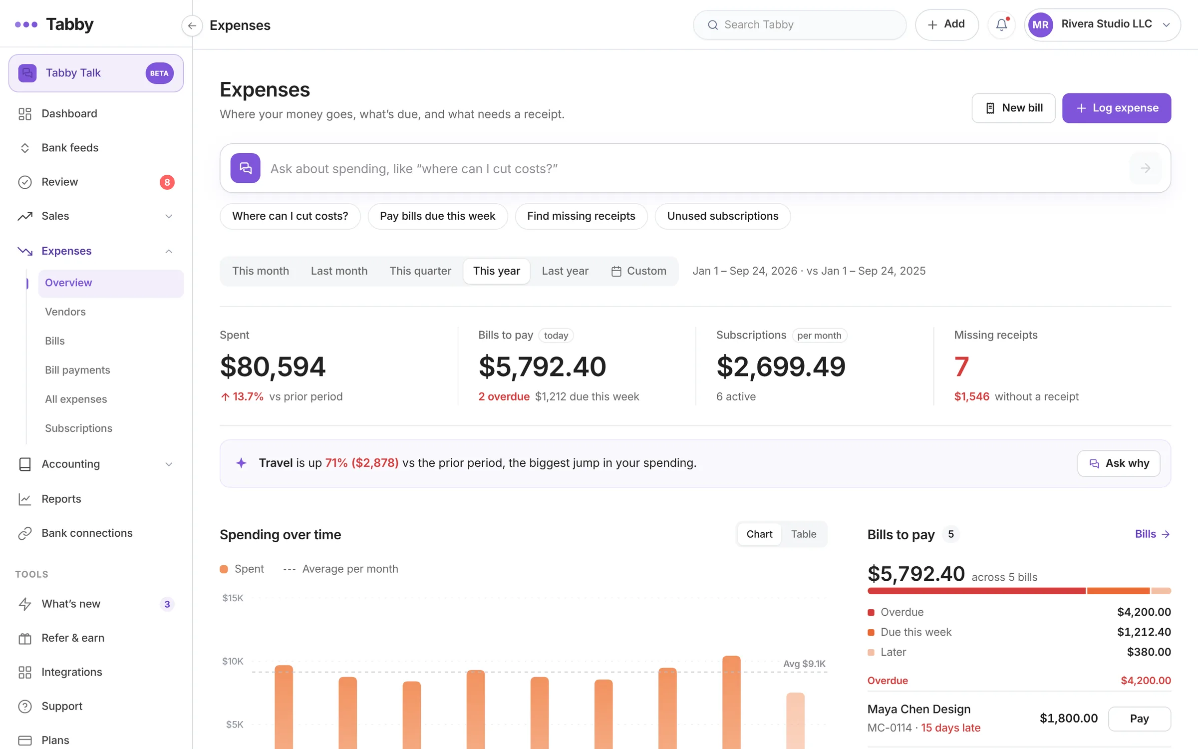 Tabby expenses overview with bills to pay and spending over time