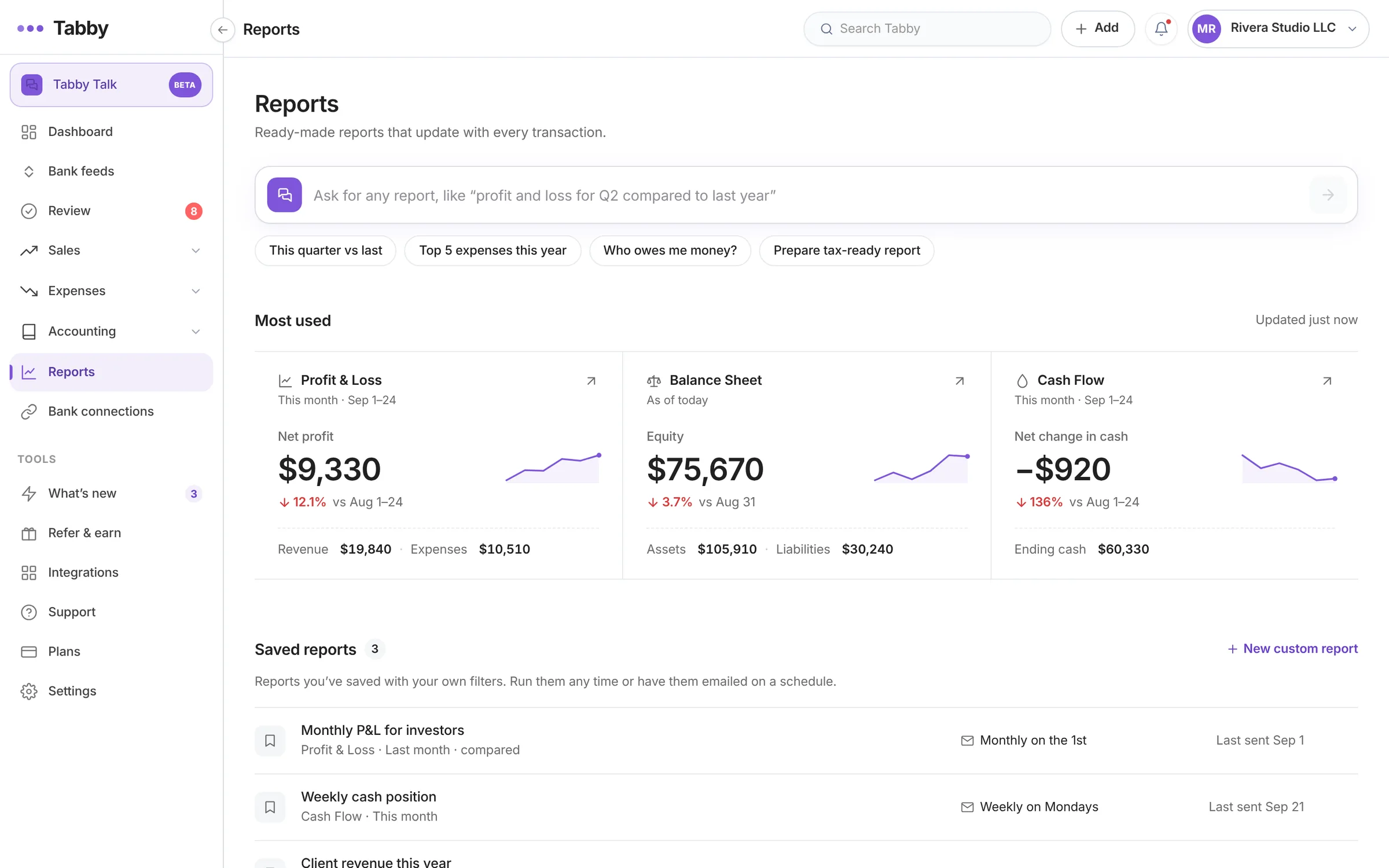 Tabby reports hub with profit and loss, balance sheet and cash flow