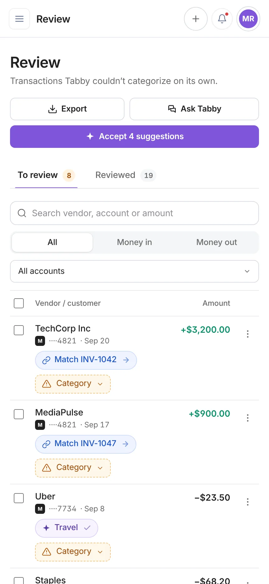 Real estate agents 26 Tabby mobile review queue with suggestions to accept