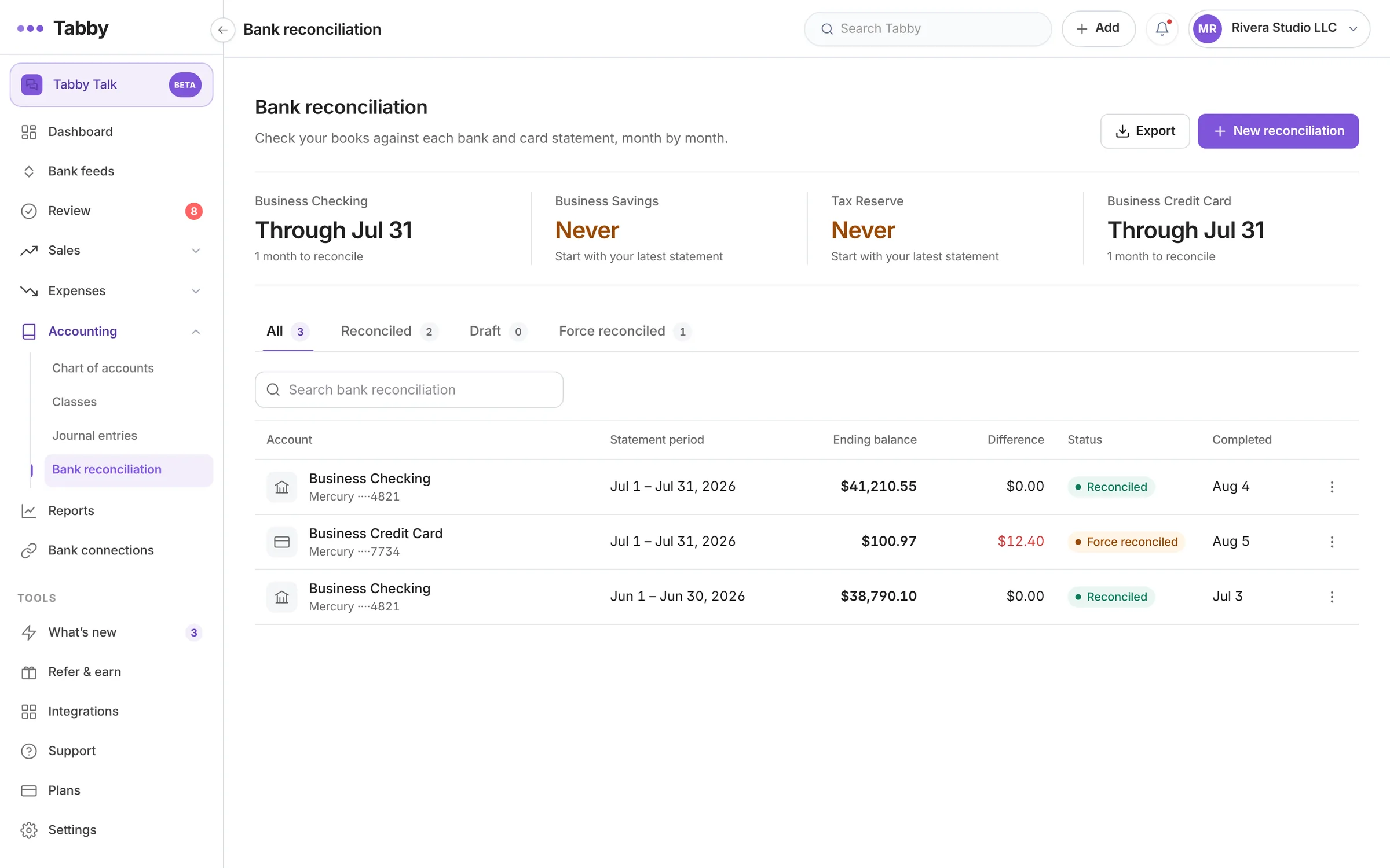 Tabby Talk 3 Tabby bank reconciliation screen listing reconciled statement periods for each account