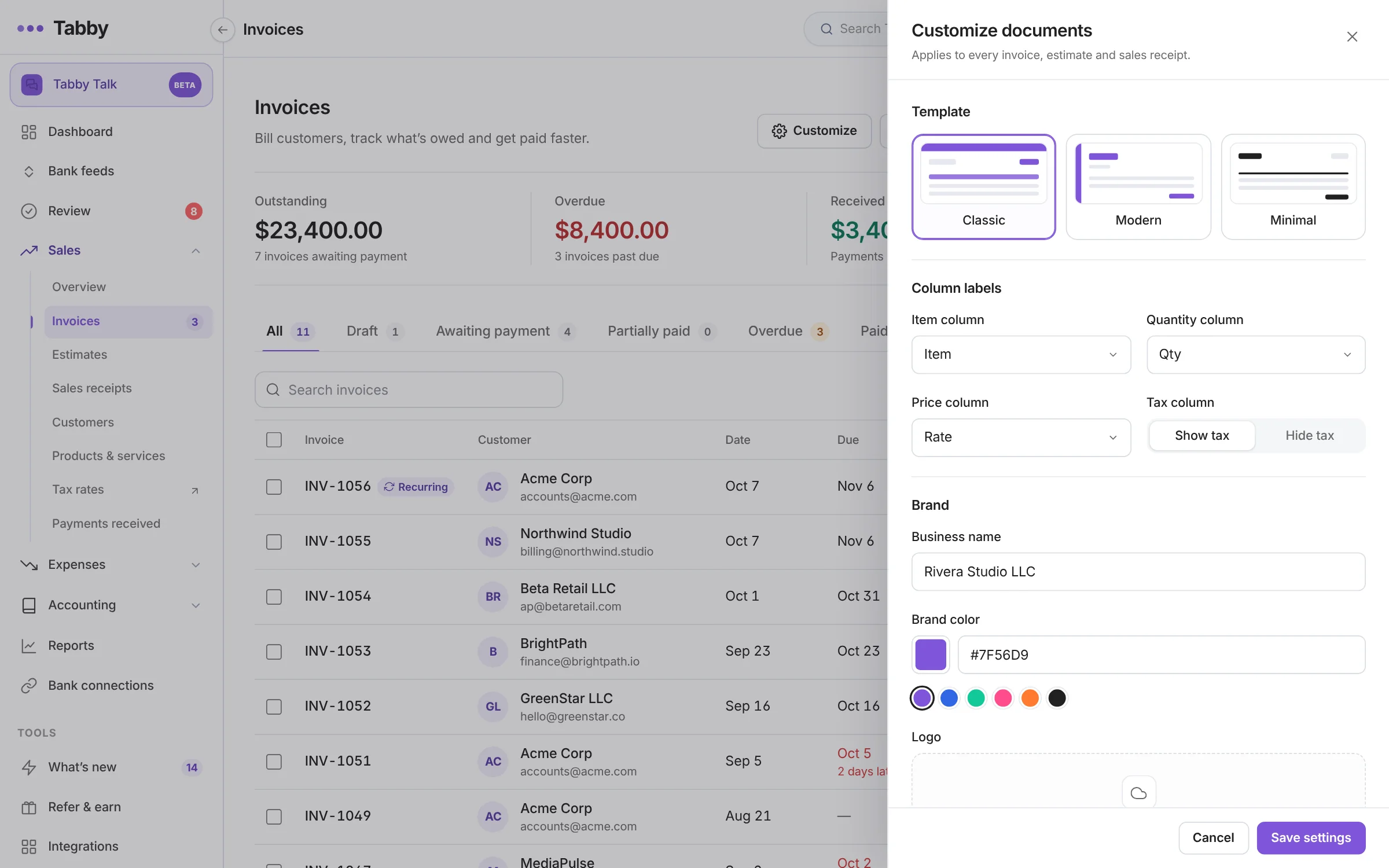 Tabby invoice customization panel with Classic, Modern and Minimal templates, column labels, business name and brand color