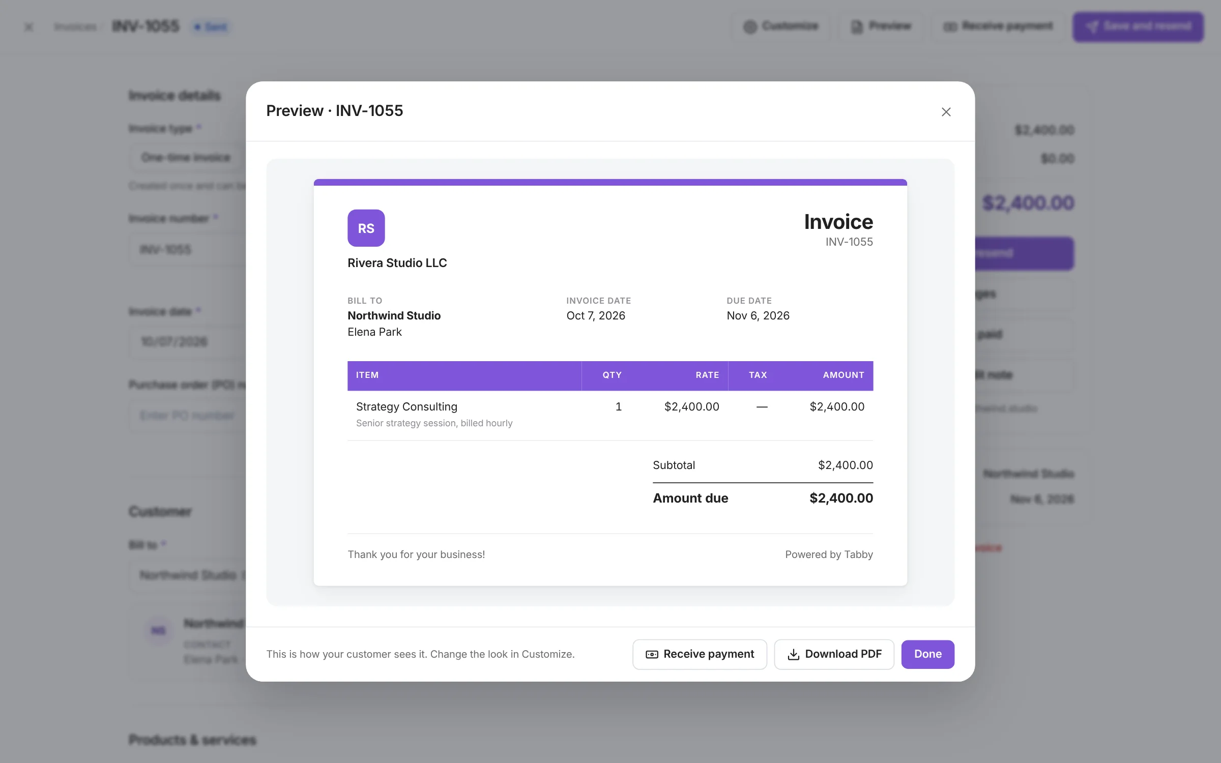 Preview of a Tabby invoice to Northwind Studio for $2,400 with Download PDF and Receive payment buttons