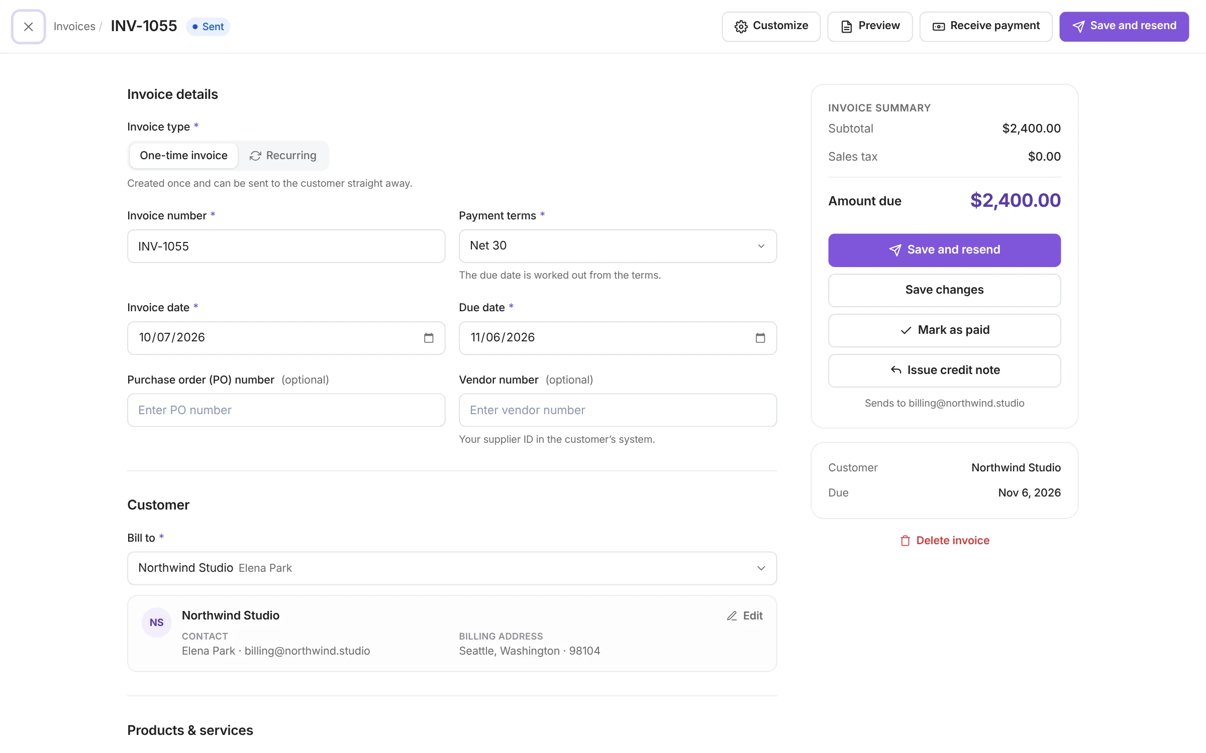 Tabby invoice form with invoice type, number, payment terms, dates, customer and an invoice summary showing $2,400 due