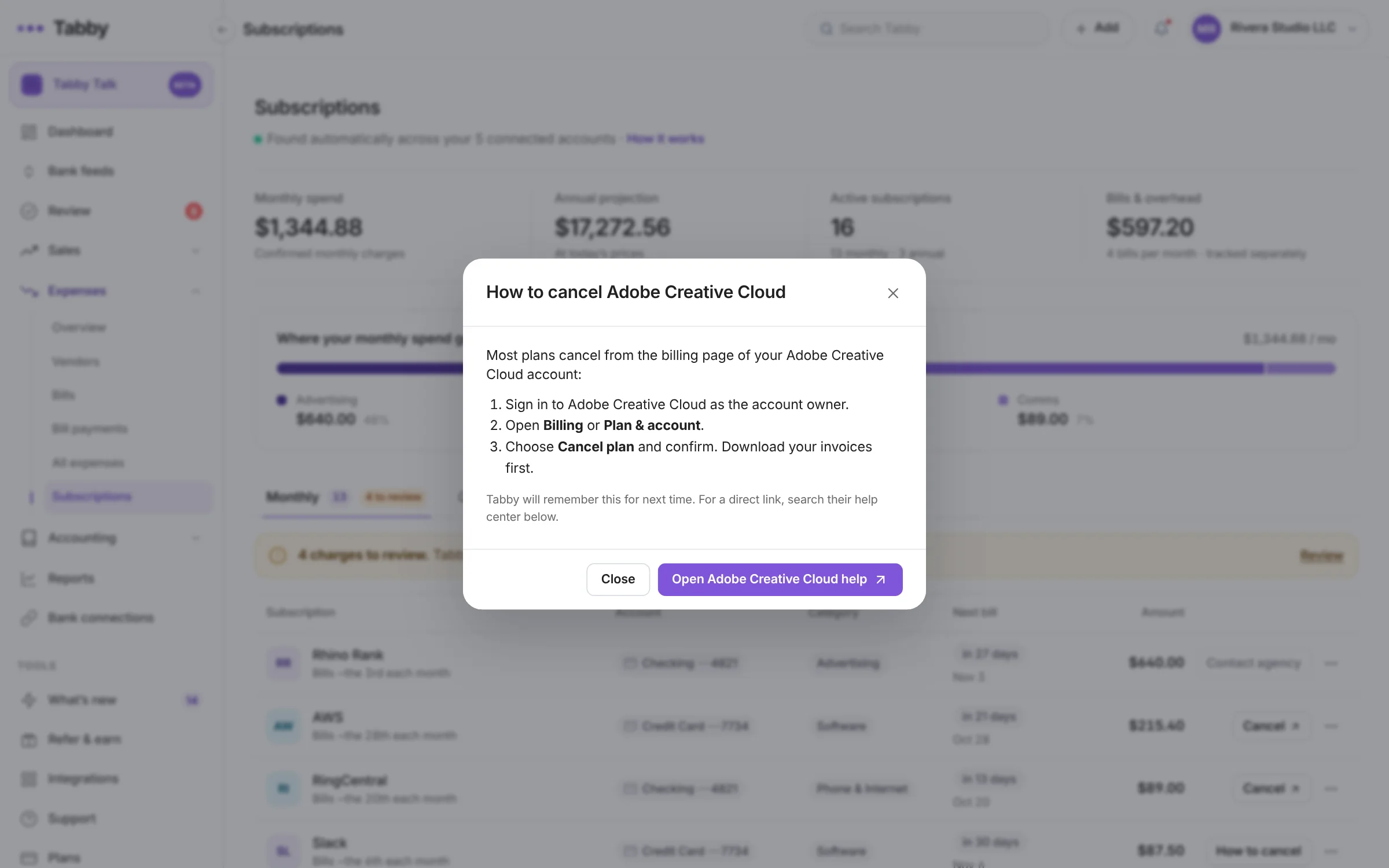 Tabby showing three steps to cancel an Adobe Creative Cloud subscription with a link to Adobe help