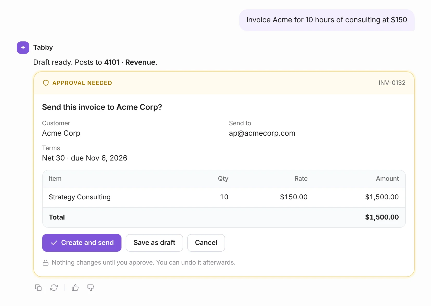 AI Invoice Generator 3 Tabby Talk approval card for a $1,500 invoice to Acme Corp with Create and send, Save as draft and Cancel buttons