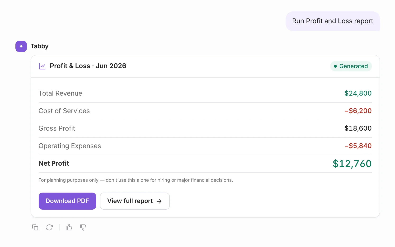 AI Profit and Loss Generator 7 Tabby Talk answering a request for a profit and loss report with revenue, costs and net profit