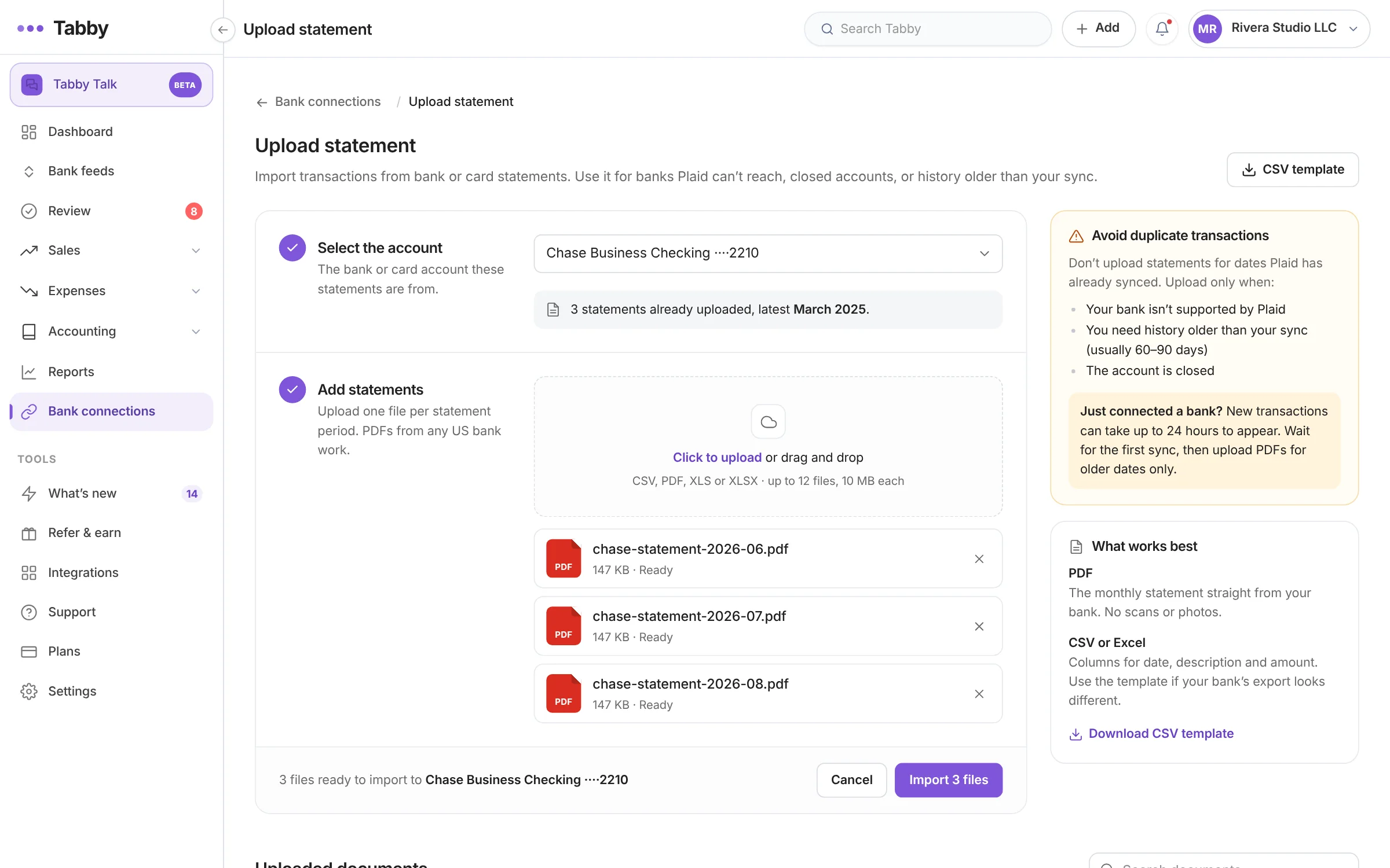 Tabby upload statement screen with three Chase bank statement PDFs ready to import