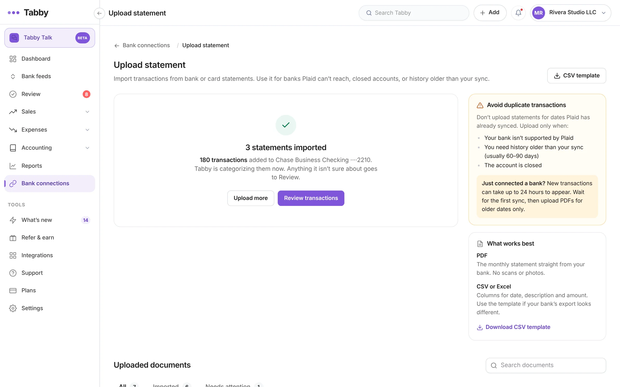 Tabby confirming 3 statements imported and 180 transactions added to Chase Business Checking